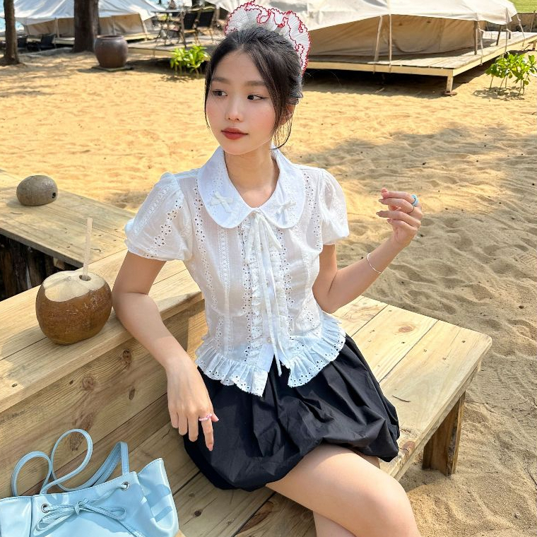 Ảnh LYRA - Áo sơ mi ngắn tay thiết kế, Áo kiểu nữ cổ nơ viền ren chất thô boi trẻ trung kiểu Hàn - LWNAO021 1