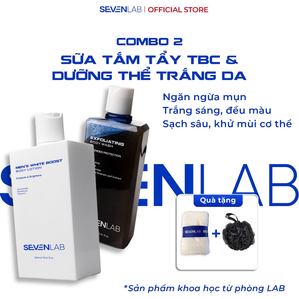 Combo sữa tắm tẩy tế bào chết và dưỡng thể trắng da SEVENLAB giúp ngăn ...