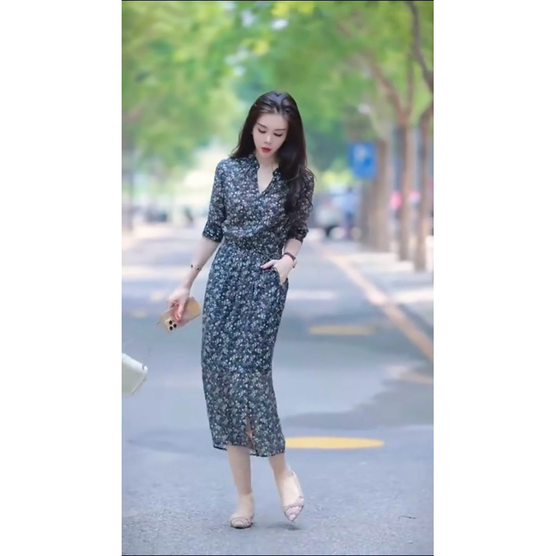 Váy hoa nhĩ dáng dài cổ V ngang gối cao cấp phong cách nhẹ nhàng kiểu pháp phù hợp đi chơi ,dạo phố New 2025