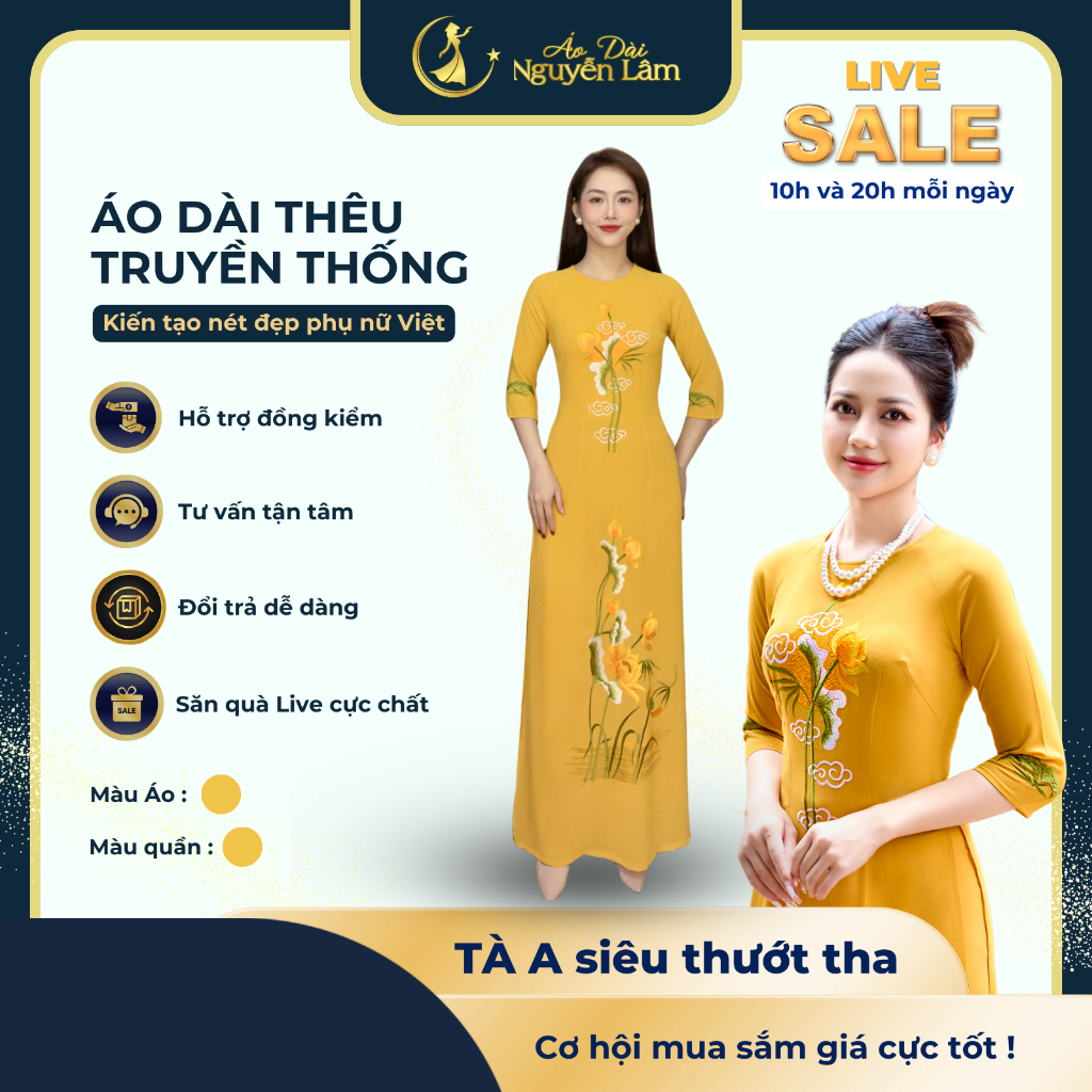 [GIẢM 40K] BST Áo Dài Vàng Lụa Thêu Cao Cấp [ Co Giãn Nhẹ, Thấm Hút] - Áo Dài Cho Mẹ Và Áo Dài Cho Mẹ Sui