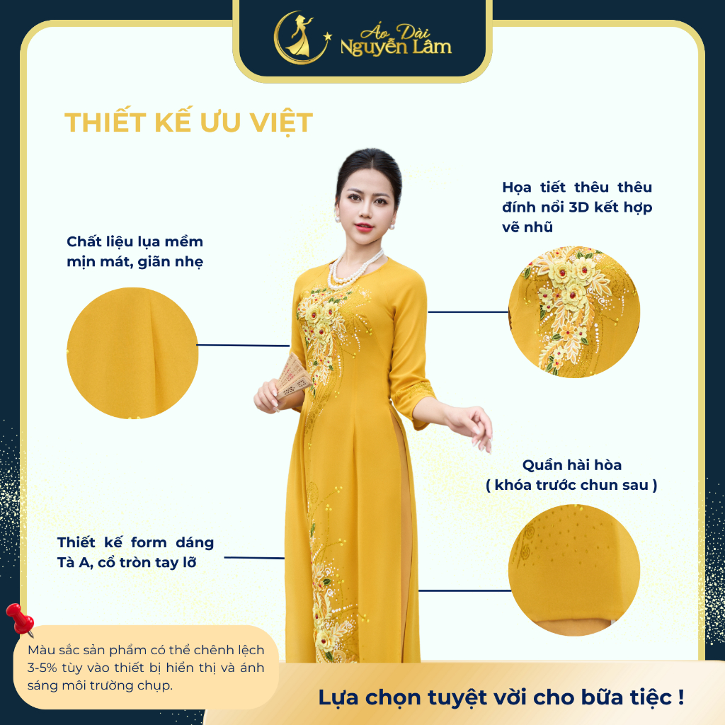 A69 Vàng Đồng - Áo Dài Lụa Đính Hoa Vẽ Thủ Công Lấp Lánh [Co Giãn Nhẹ, Thấm Hút] Nữ Women Dress