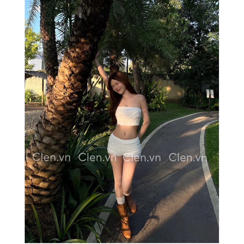 Set đi biển, set bikini vải ren tầng trắng kem - Mẫu mới 2025