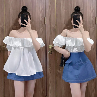 [S2.281] Set Áo Trễ Vai Bèo Thô Mix Chân Váy Bò Demin Dáng Chữ A Có Lót Quần