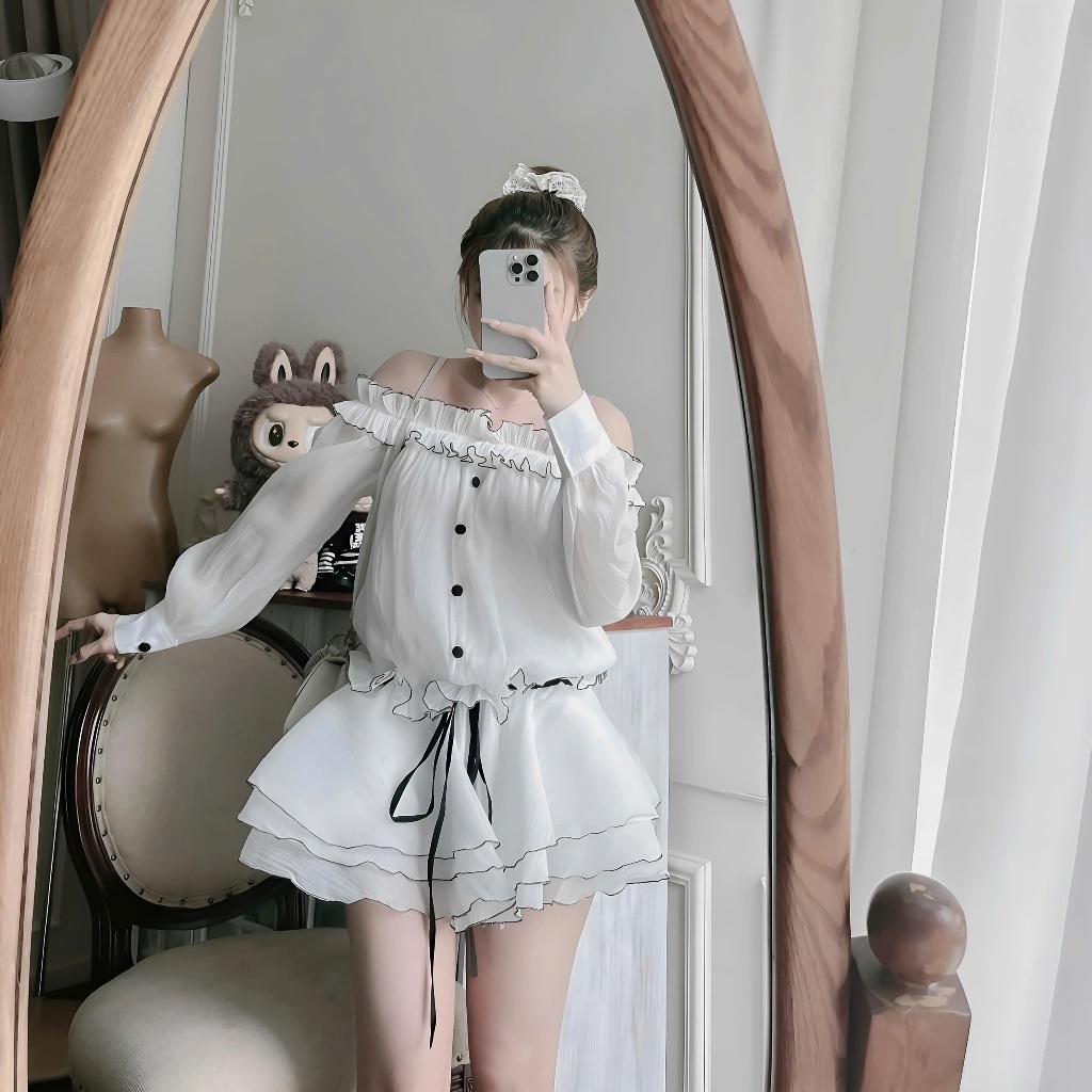 [ HÀNG LOẠI 1] Váy Tiểu Thư Trễ Vai Tay Dài Phồng, Form Bí Xoè Viền Bèo Sang Chảnh , Vải Tơ Xốp Mát Kèm Quần Bí