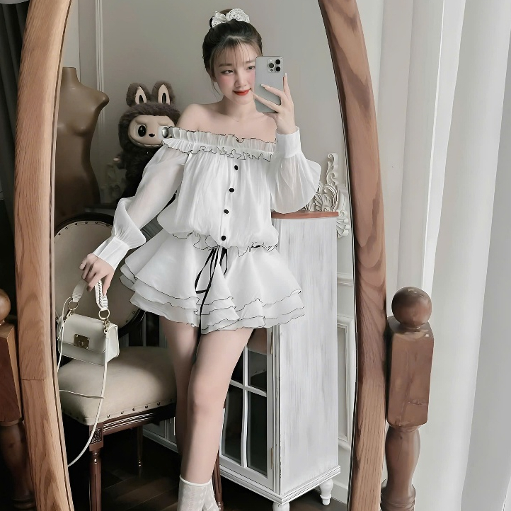 [ HÀNG LOẠI 1] Váy Tiểu Thư Trễ Vai Tay Dài Phồng, Form Bí Xoè Viền Bèo Sang Chảnh , Vải Tơ Xốp Mát Kèm Quần Bí