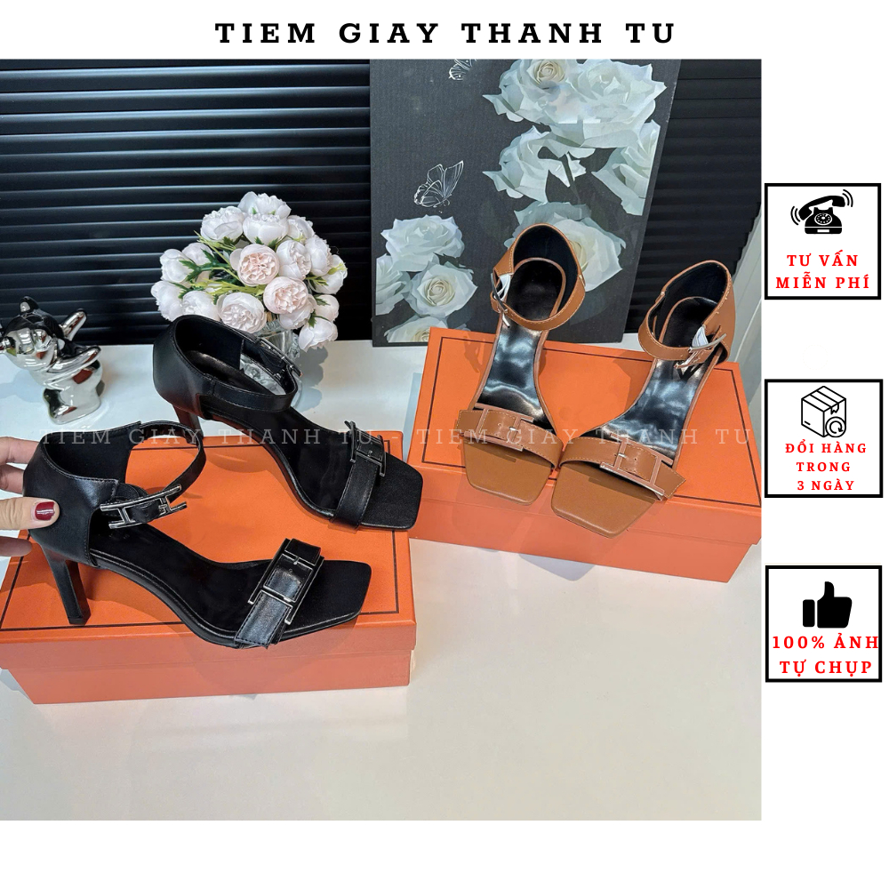 (962-1)Sandal Cao gót nữ da mềm quai ngang khuy gót nhọn 7cm hàng QC fullbox