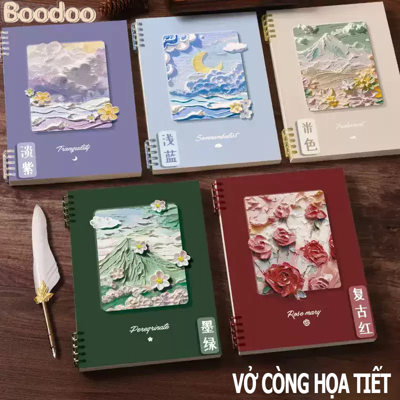 Vở lò xo BOODOO sổ còng 10 lỗ có sẵn bìa trong suốt 60 trang họa tiết ...