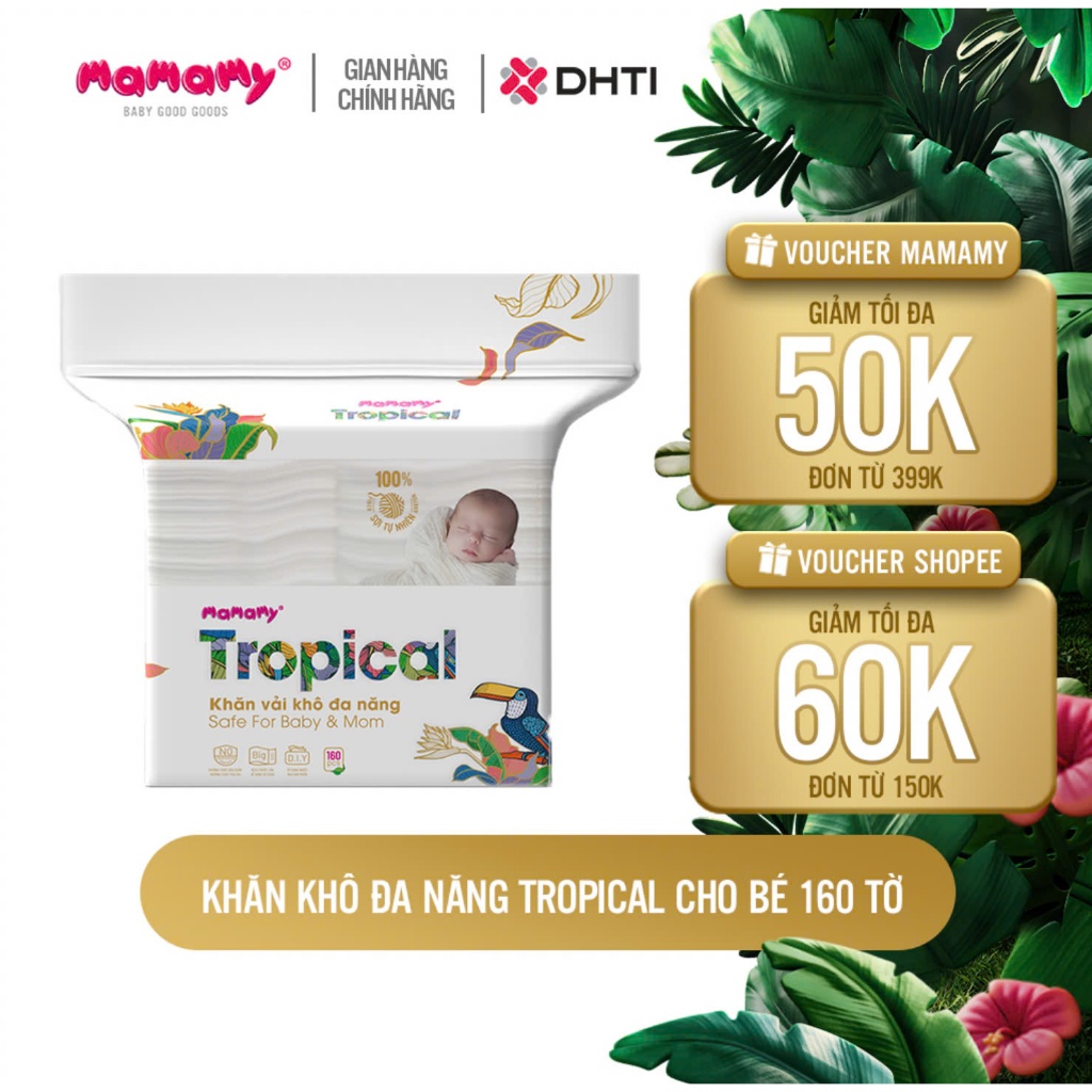 Ảnh Khăn khô cao cấp cho bé Mamamy 100% sợi tự nhiên và rayon Tropical gói 160 tờ mềm, dai, sạch cực 2
