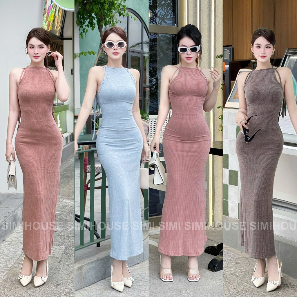 (SIMI HOUSE) Váy body len gân hai dây cột hở thiết kế tôn dáng quyến rũ ...