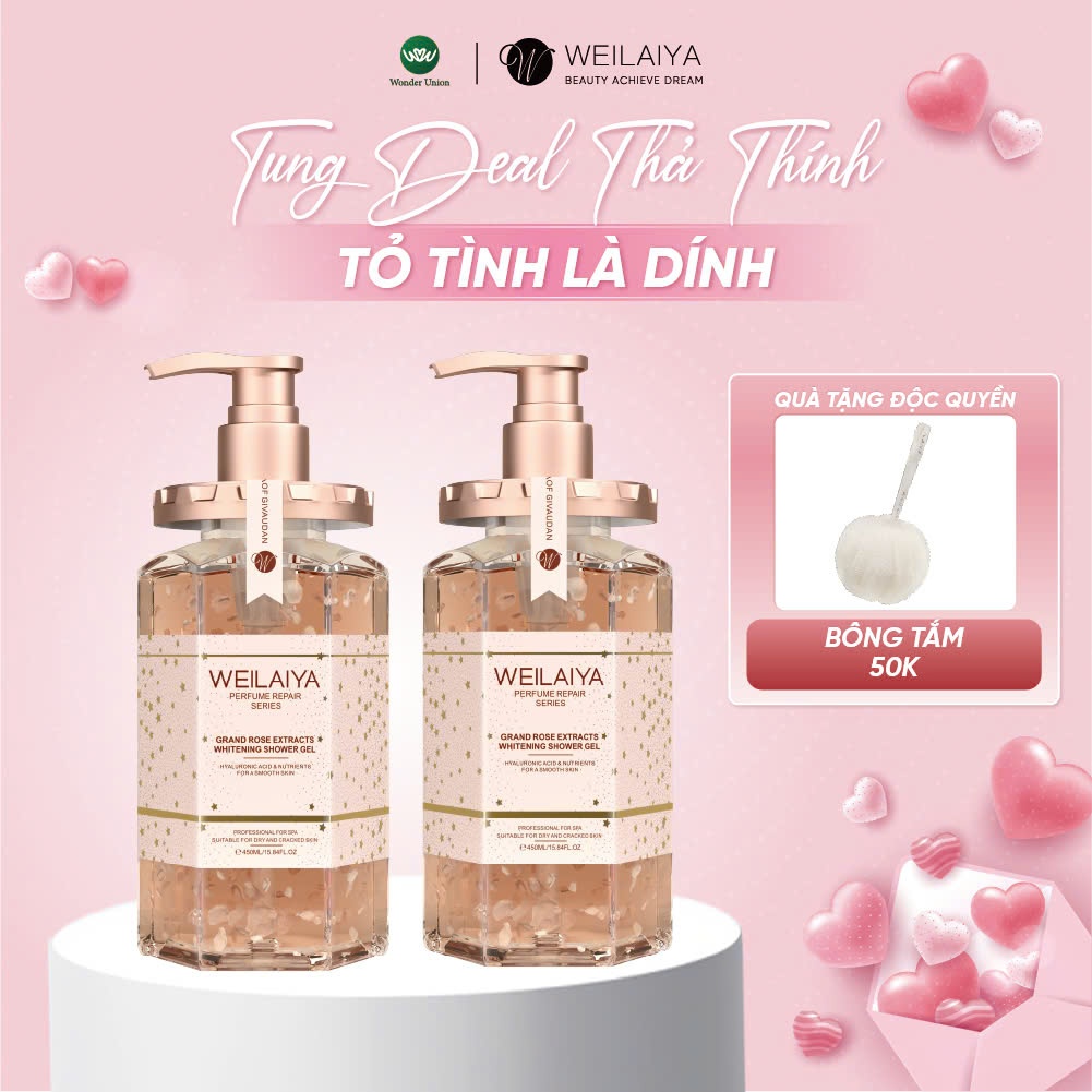 Ảnh Sữa tắm trắng da cánh hoa hồng Damask Weilaiya Grand Rose Extracts Whitening Shower Gel 450ml Combo 2 chai 1