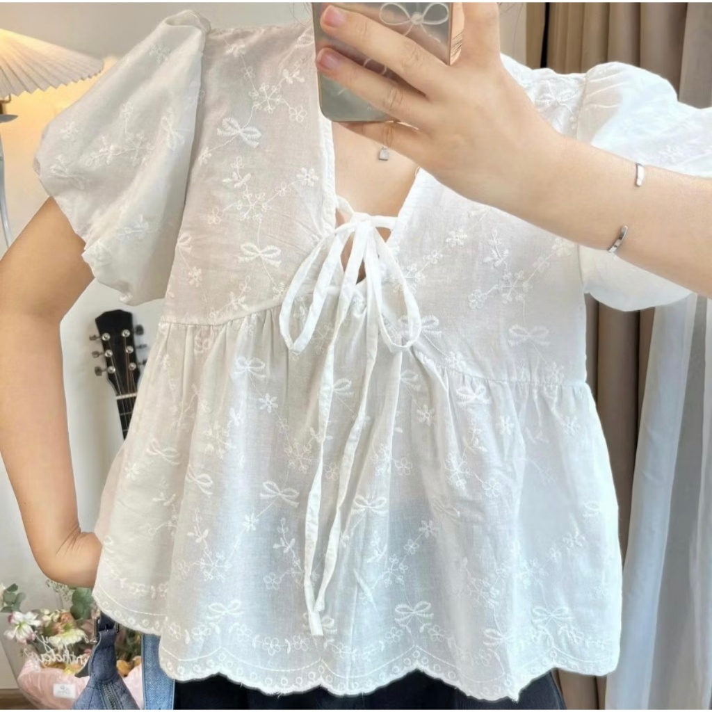 Áo babydoll form rộng cổ V thắt nơ xinh xắn LALA  A53