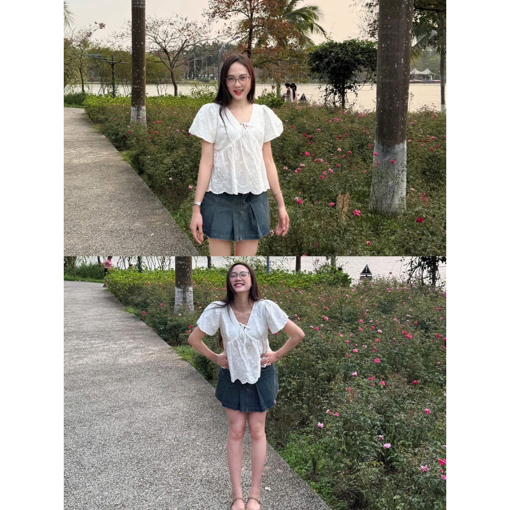 Áo babydoll form rộng cổ V thắt nơ xinh xắn LALA  A53