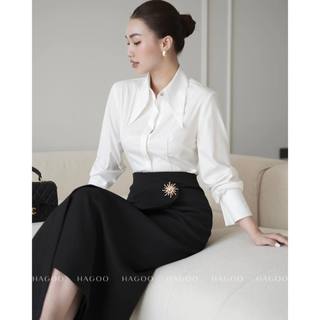 HAGOO Áo sơ mi nữ trắng thiết kế cổ nhọn gân nổi dáng ôm công sở thanh lịch [ A465 ]