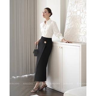 HAGOO Áo sơ mi nữ trắng thiết kế cổ nhọn gân nổi dáng ôm công sở thanh lịch [ A465 ]