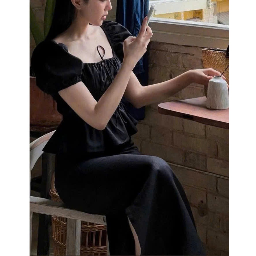 Áo babydoll dúm eo mặc trễ vai hoặc trên vai cổ buộc nơ, áo tiểu thư tay xinh LABEL  A17