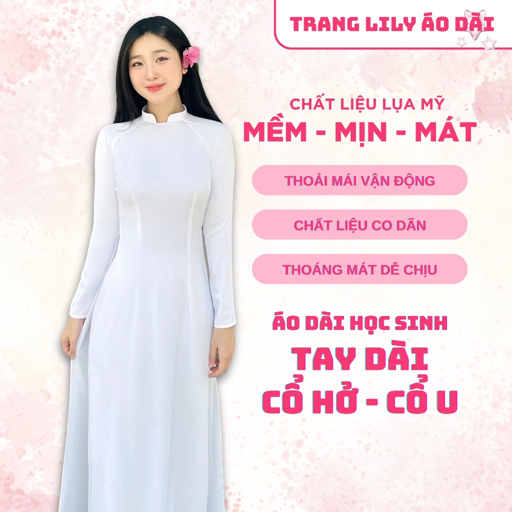 Áo dài học sinh cổ vuông hở, hotgirl, áo dài trắng tay dài, hai tà, cổ U, đồng phục học sinh cấp 3 - Trang Lily Áo Dài