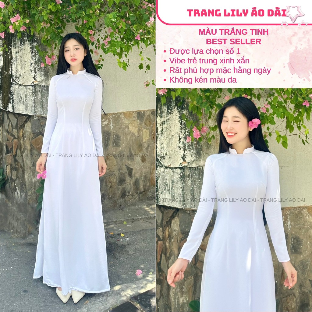 Áo dài học sinh cổ vuông hở, hotgirl, áo dài trắng tay dài, hai tà, cổ U, đồng phục học sinh cấp 3 - Trang Lily Áo Dài