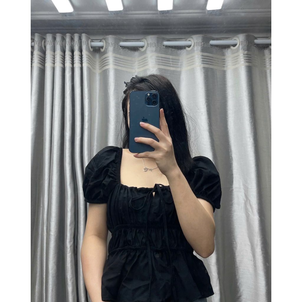 Áo babydoll dúm eo mặc trễ vai hoặc trên vai cổ buộc nơ, áo tiểu thư tay xinh LABEL  A17
