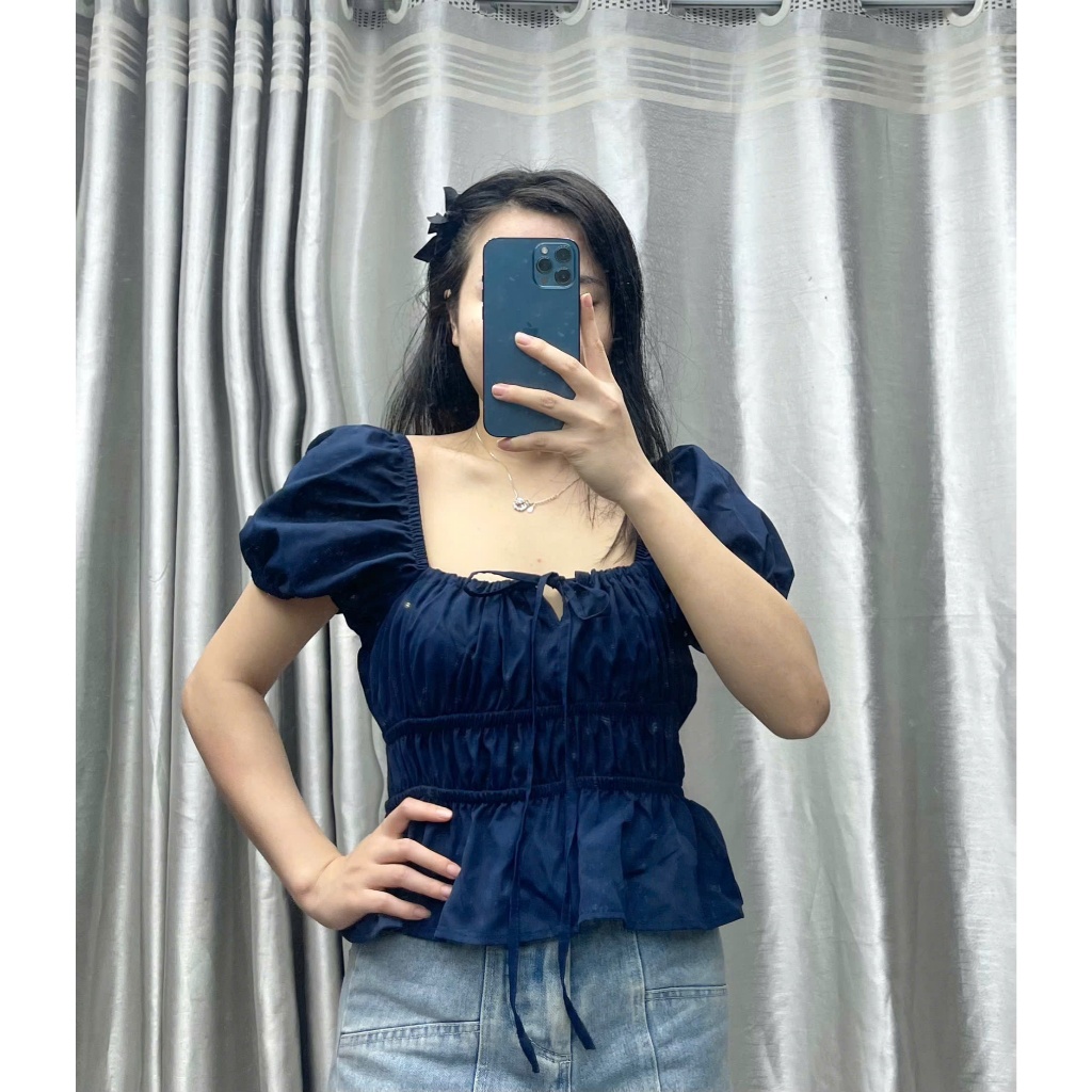 Áo babydoll dúm eo mặc trễ vai hoặc trên vai cổ buộc nơ, áo tiểu thư tay xinh LABEL  A17