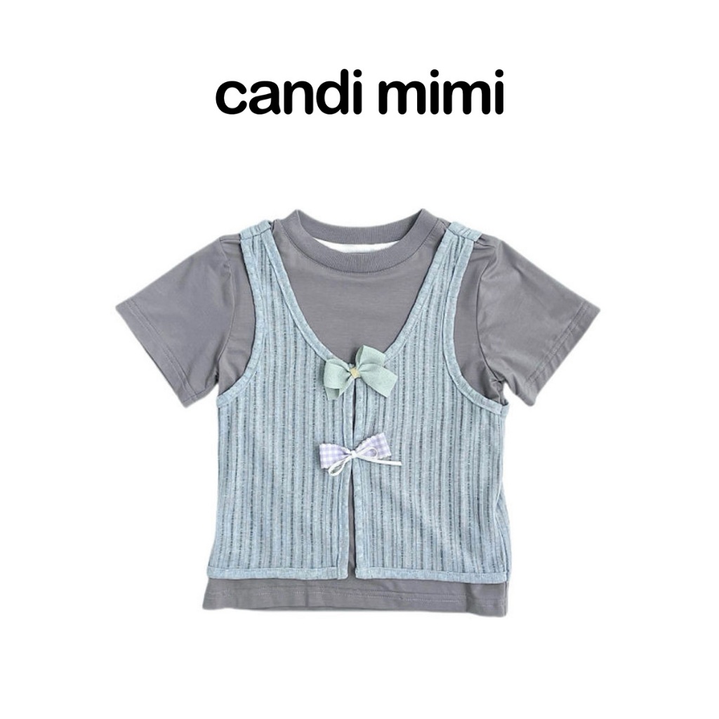 CANDI MIMI Áo cotton ngắn tay kèm gile đính nơ - Phong cách Hàn Quốc