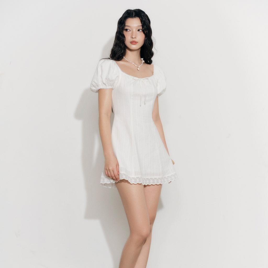 Ảnh DOTTIE - Đầm tay phồng phối vải - Trắng - D0700 3
