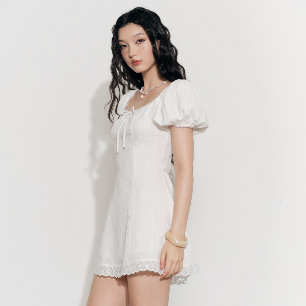 Ảnh DOTTIE - Đầm tay phồng phối vải - Trắng - D0700 4