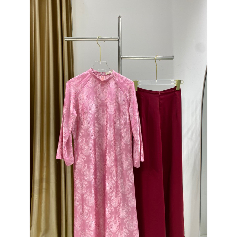 HD87 3417 Áo only no pants - Áo dài dáng suông lụa nha xá lót tơ 4 tà may theo kỹ thuật dính liền tà màu xanh lá đậm