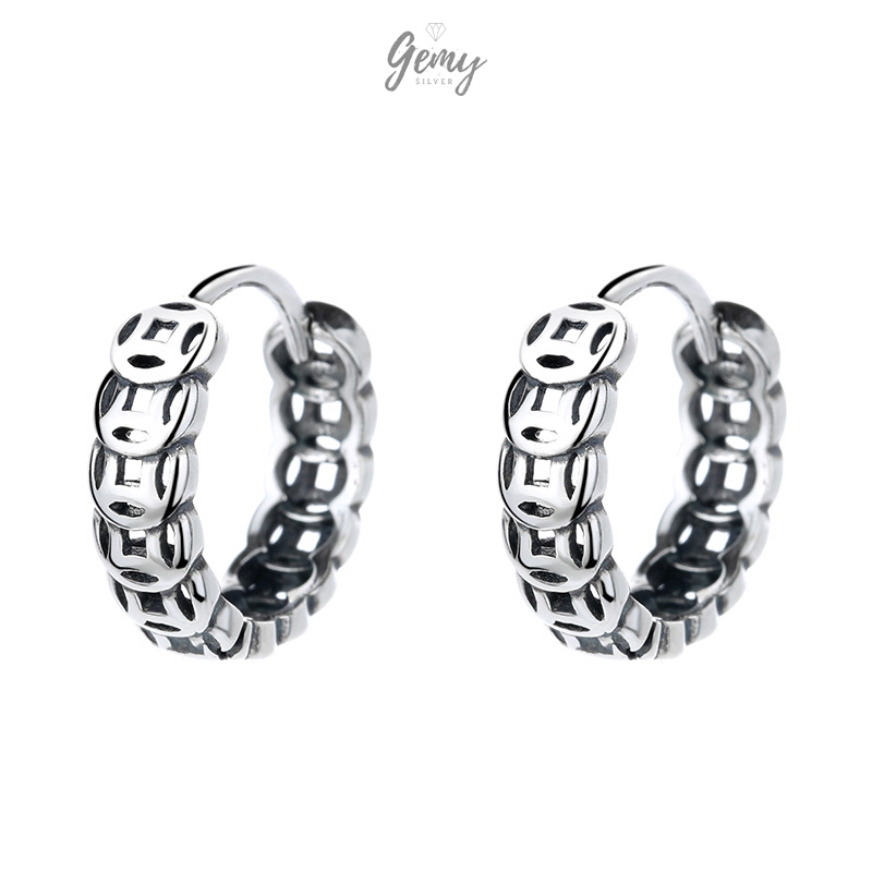 Khuyên tai thanh thẳng nam bạc Thái thiết kế chuỗi kim tiền cực chất (1 chiếc) KN155 | GEMY SILVER