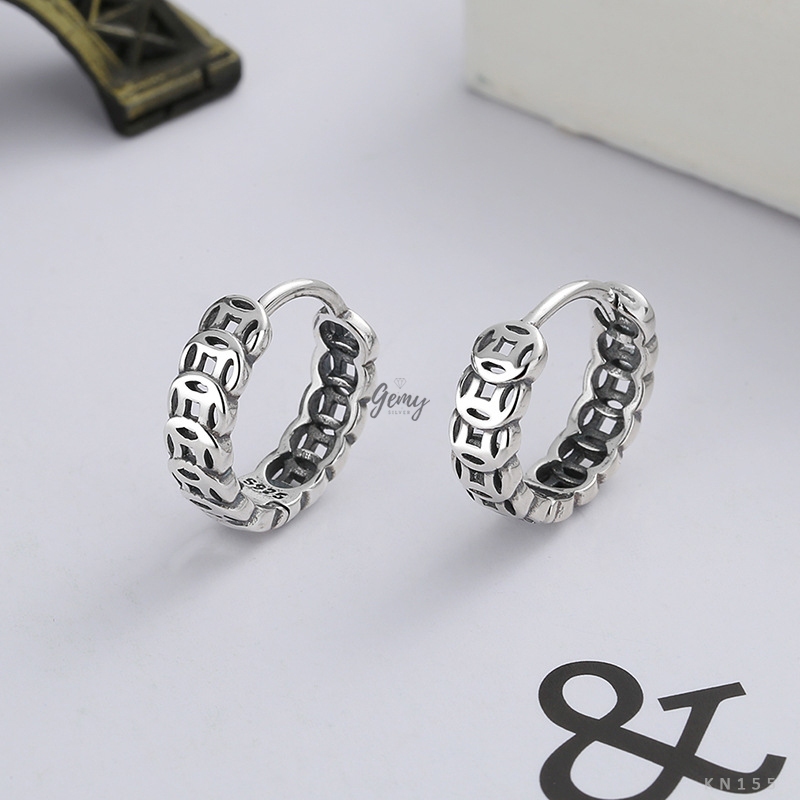 Khuyên tai thanh thẳng nam bạc Thái thiết kế chuỗi kim tiền cực chất (1 chiếc) KN155 | GEMY SILVER