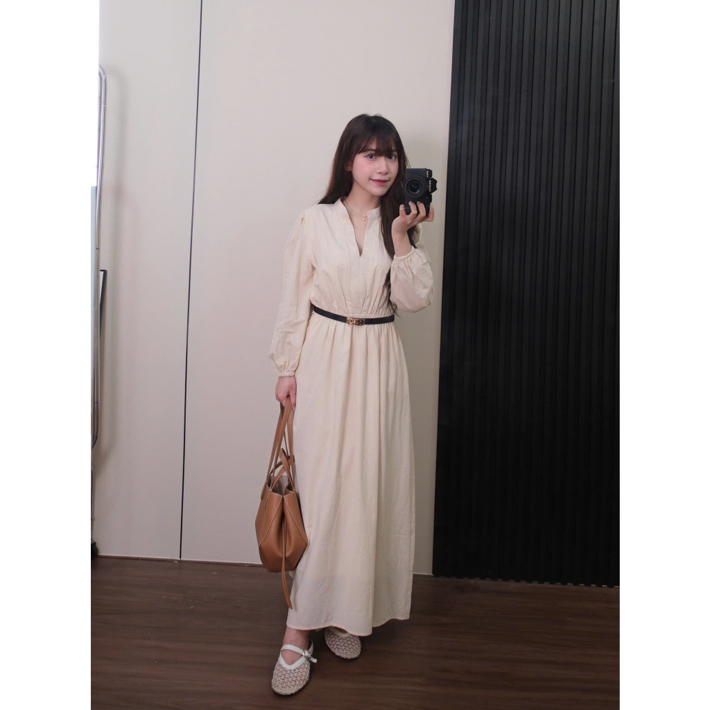 Đầm maxi Chililuu váy maxi dáng dài cổ V chiết eo tay dài phong cách tiểu thư thanh lịch