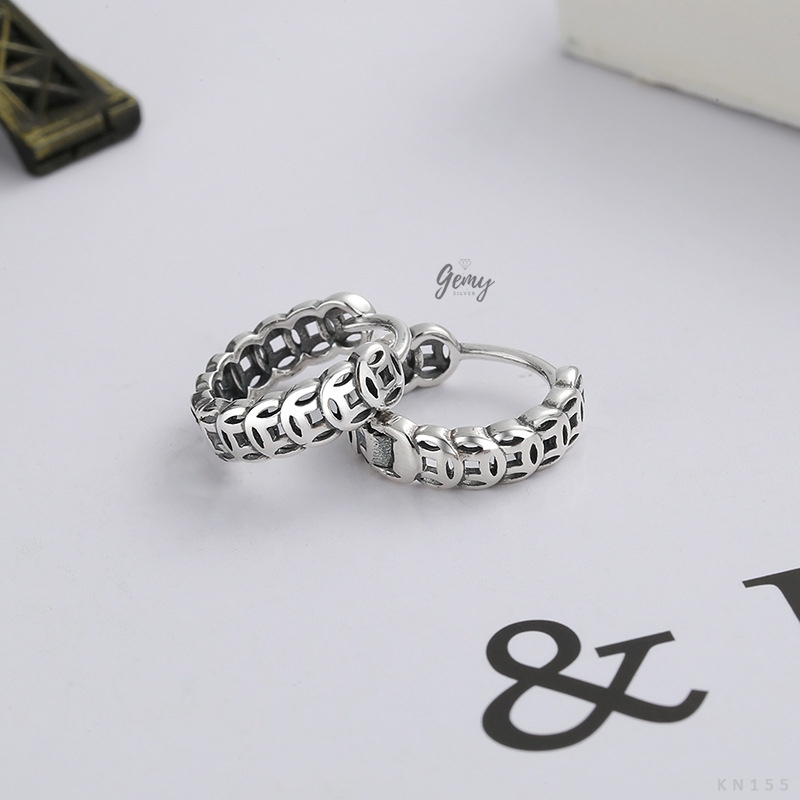 Khuyên tai thanh thẳng nam bạc Thái thiết kế chuỗi kim tiền cực chất (1 chiếc) KN155 | GEMY SILVER