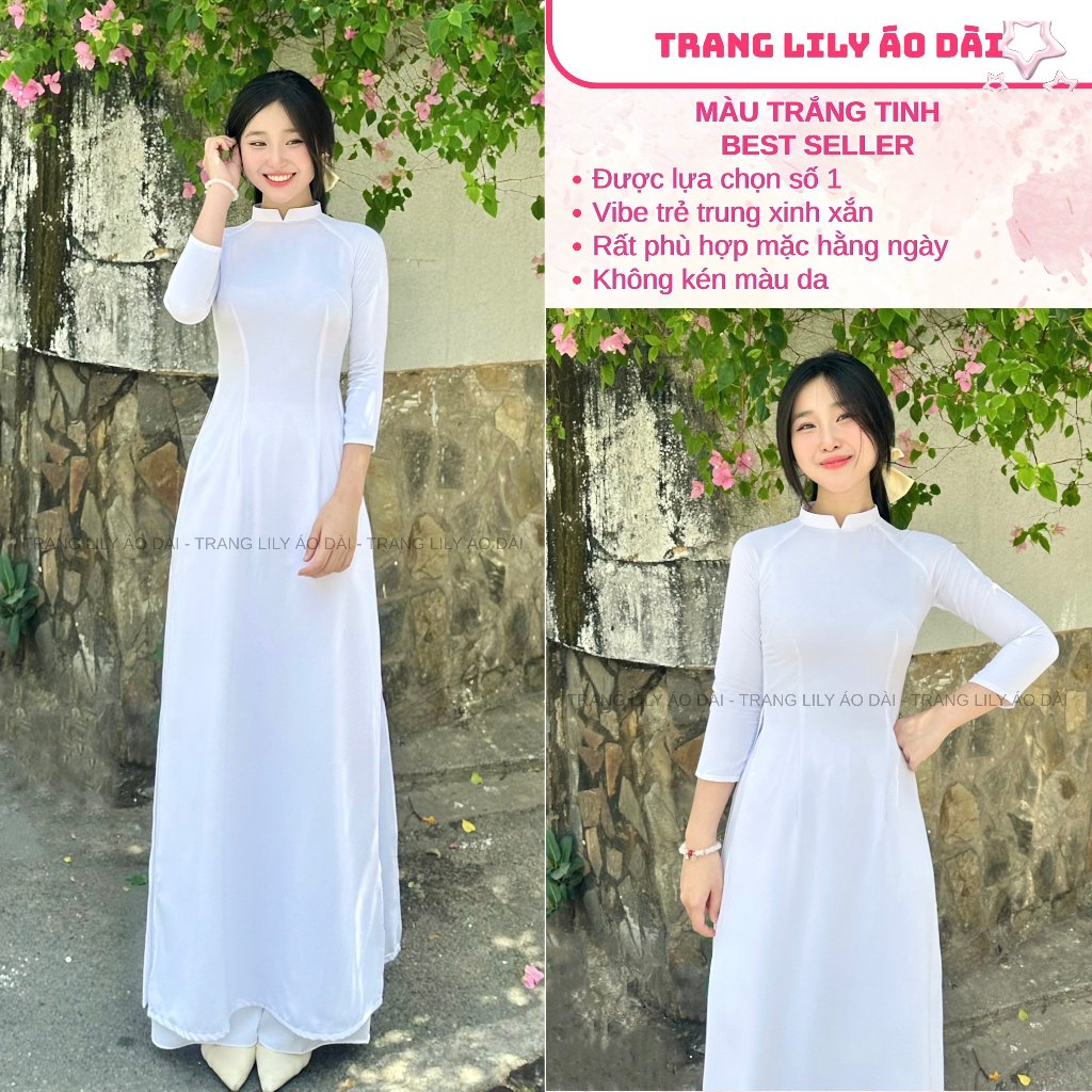 Áo dài trắng đồng phục học sinh cấp 3, chụp kỉ yếu, cổ V 2cm, tay lỡ, lụa mỹ - Trang Lily Áo Dài