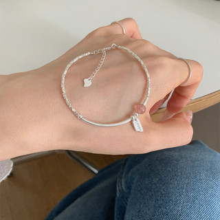 Vòng Tay Bạc Charm Lucky Lắc Tay Bạc S925 PJN May Mắn Điểm Thạch Anh Dâu Hồng Phong Thủy Dành Cho Nữ VT07