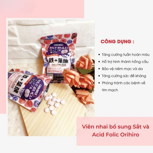 Viên nhai ORIHIRO bổ sung sắt và acid folic gói 120 viên