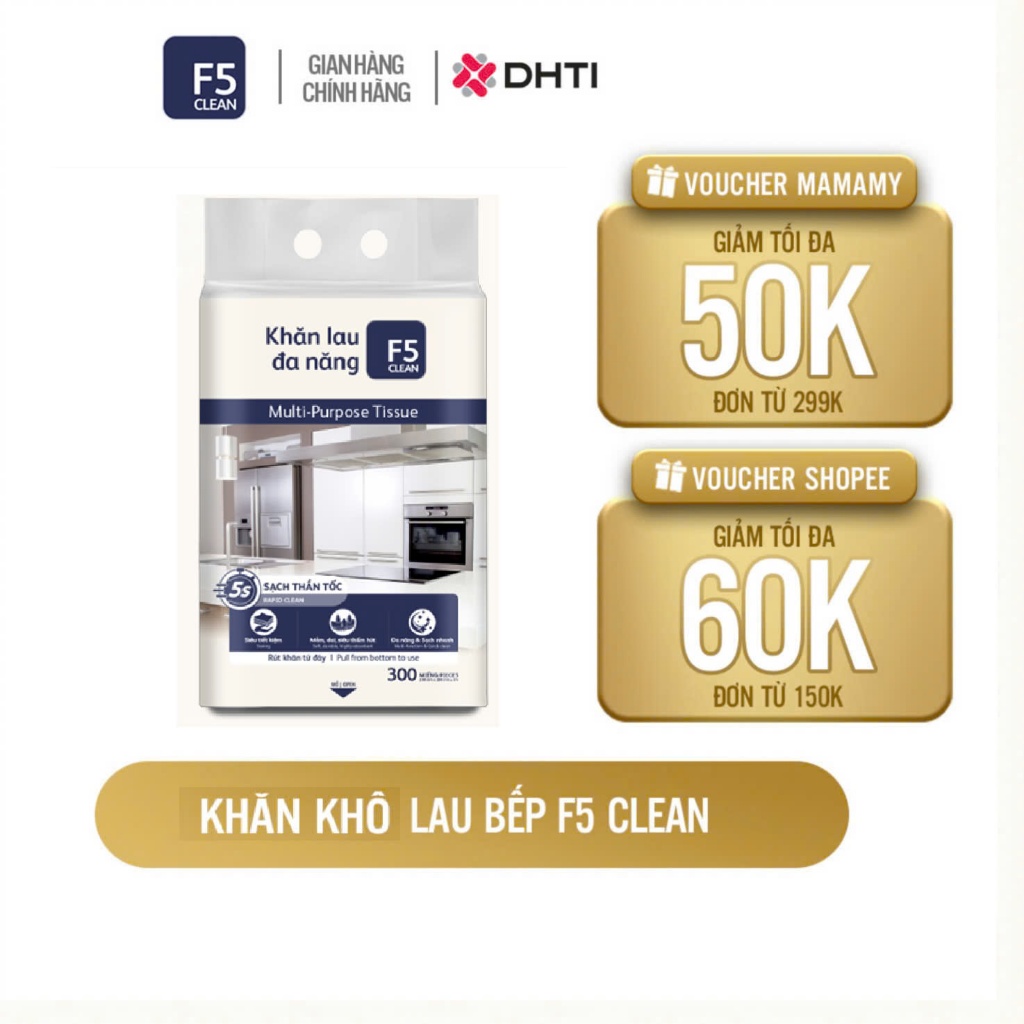 Ảnh Khăn khô lau bếp F5 Clean 300 tờ lau sạch mọi vết bẩn, không để lại sơ vải, tiện dụng, an toàn cho da tay 1