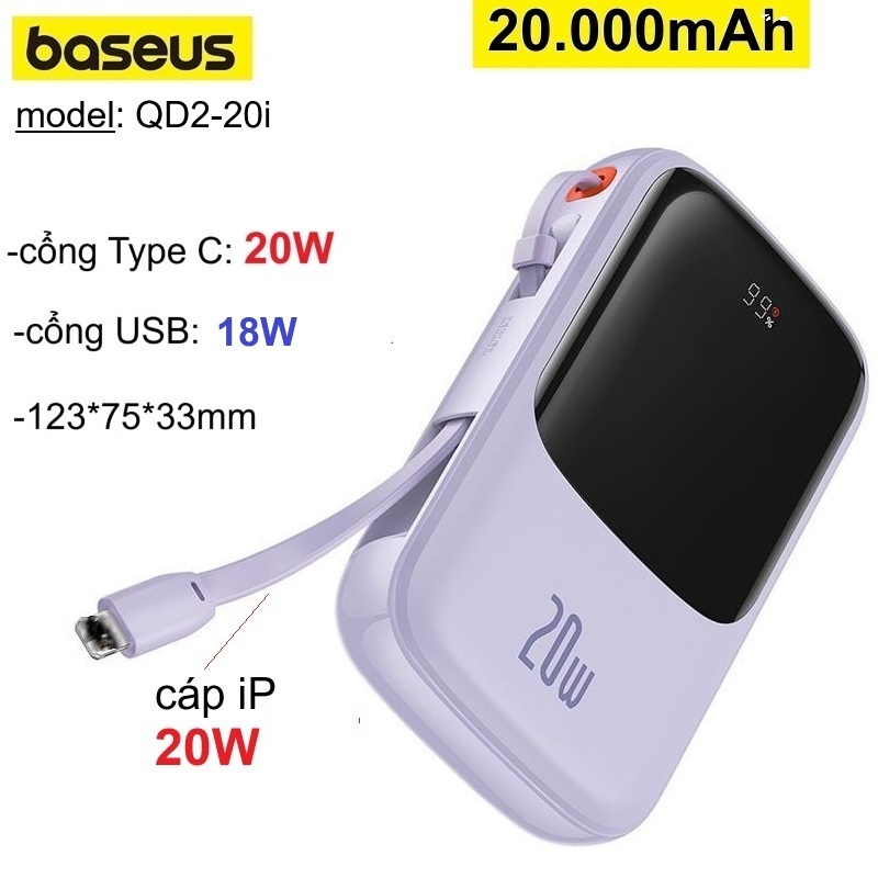 Sạc dự phòng 20000mAh 20W Baseus Qpow Pro Digital Display Fast Charge Power Bank (PPQD2-20i) -Bảo Hành 6 tháng | BigBuy360 - bigbuy360.vn