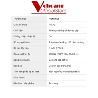 Ổ Cắm Điện Đa Năng Huntkey HK-A21 Chống Cháy 2 Lỗ Dây Dài 3M