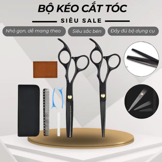 Bộ Kéo Cắt Tóc Tỉa Sơn Đen KAW Cao Cấp, Dụng Cụ Hớt Tóc, Thép Không Gỉ, An Toàn, Tiện Lợi