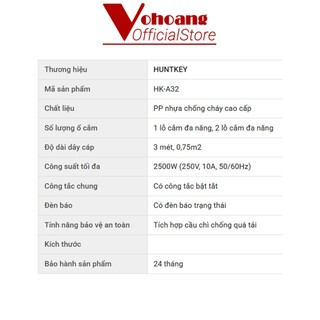Ổ Cắm Điện Đa Năng Huntkey HK-A32 Chống Cháy 3 Lỗ Dây Dài 3M