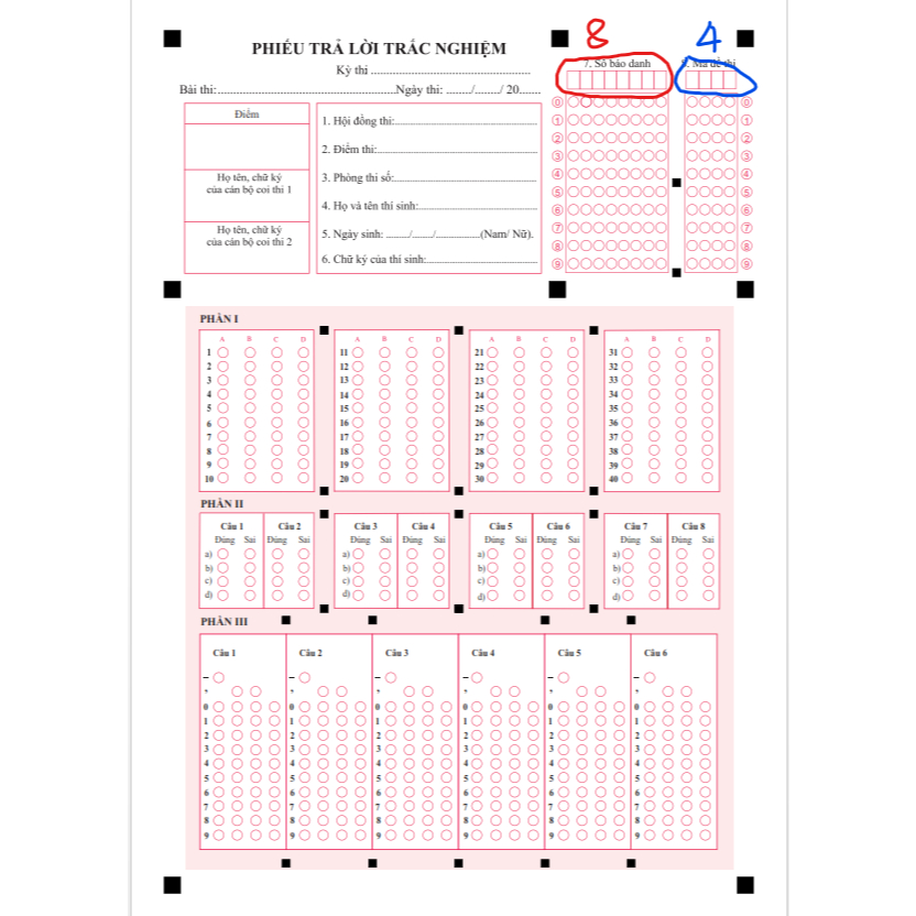 (NEW) 100 Tờ phiếu thi trắc nghiệm THPT2025 Mẫu mới nhất, 8 ô SBD, 4 ô MĐ-  Chỉ dành cho app TNMAKER .