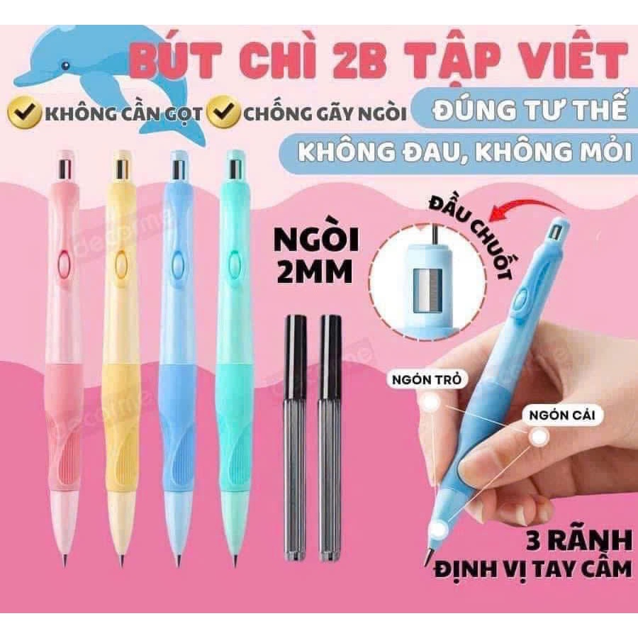 Bút chì cá heo tập viết 2B ngòi 2.0mm, bút chì bấm định vị giúp bé cầm đúng tư thế không mỏi tay.