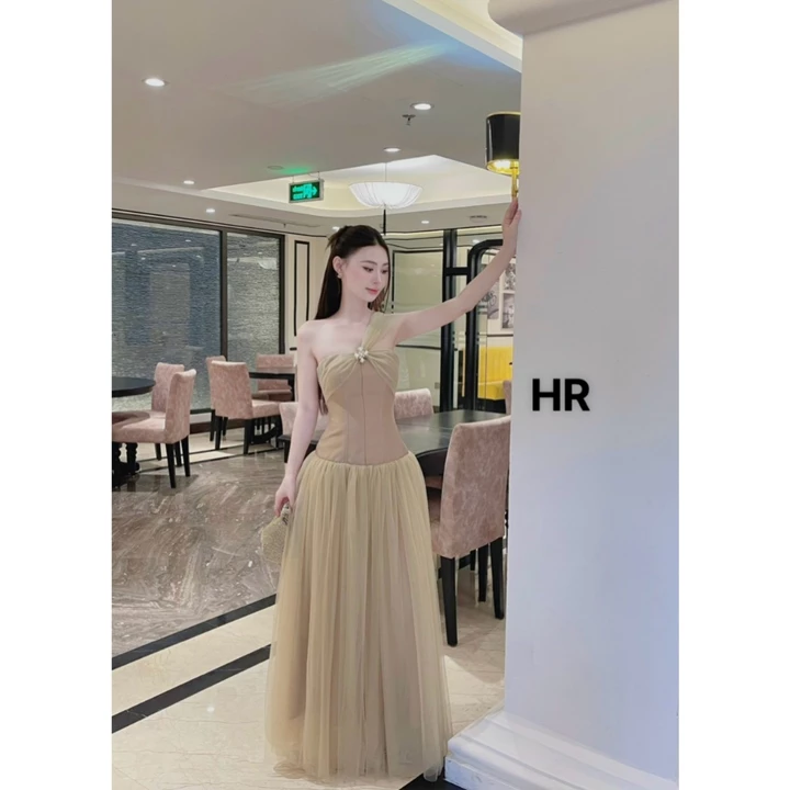 Váy dáng dài váy trễ vai váy nữ dự tiệc cưới váy nâu lưới liền siêu xinh HUY HÍP