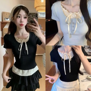 Áo thun croptop phối viền ren cột nơ hai màu đen xanh xinh VANISA CT228
