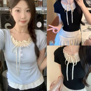 Áo thun croptop phối viền ren cột nơ hai màu đen xanh xinh VANISA CT228