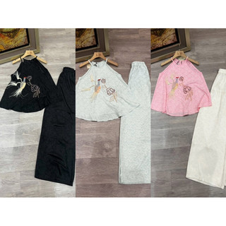 Sét áo yếm lụa khâu chim công + quần xuông lụa (có bán lẻ áo)