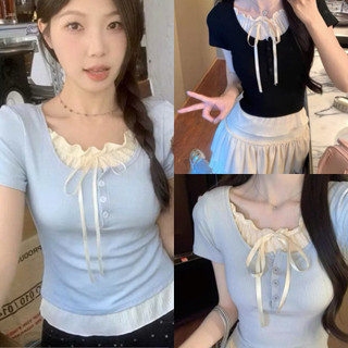 Áo thun croptop phối viền ren cột nơ xinh hai màu đen xanh VANISA CT228