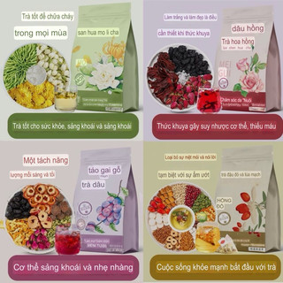Trà dưỡng sinh Hoa Hồng dâu tằm, táo gai mận đen, đậu đỏ lúa mạch, hoa nhài kim ngân hoa cúc