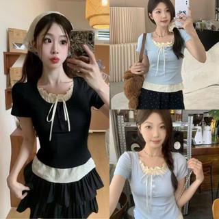 Áo thun croptop phối viền ren cột nơ siêu xinh hai màu đen xanh VANISA CT228