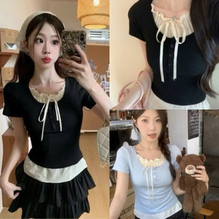 Áo thun croptop phối viền ren cột nơ siêu xinh hai màu đen xanh VANISA CT228