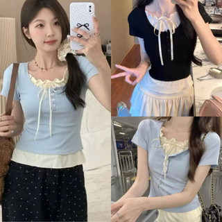 Áo thun croptop phối viền ren cột nơ xinh xắn hai màu đen xanh VANISA CT228